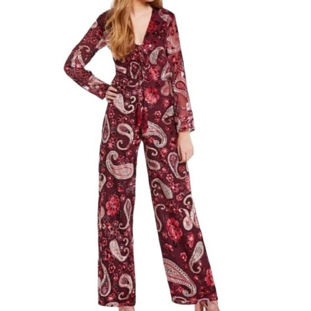 Chelsea & Violet Velvet Flocked Boho Jumpsuit Womens M Wide-Leg Paisley Artsy